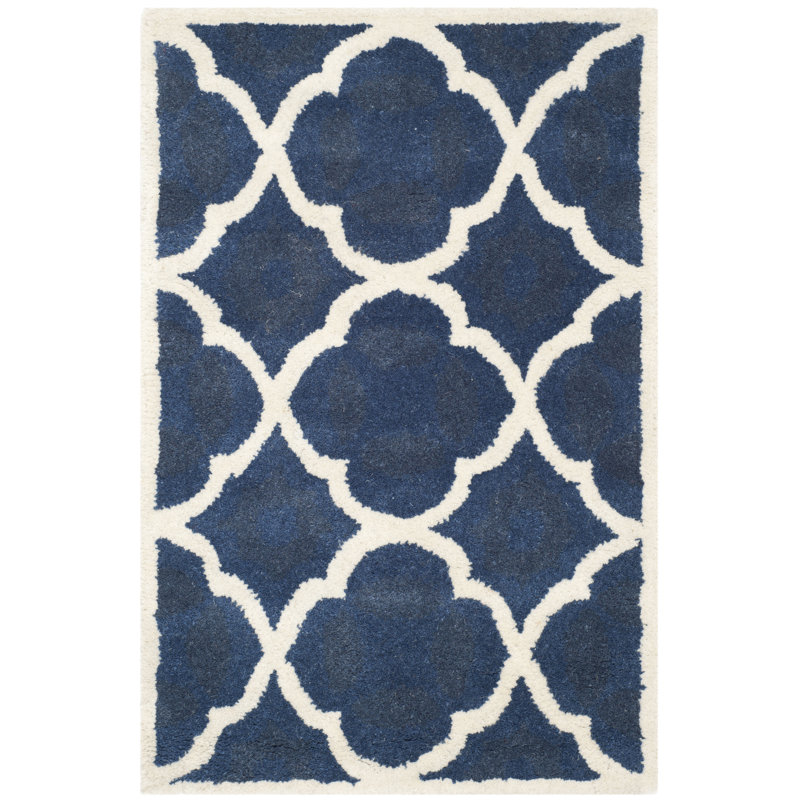 Tapis bleu / ivoire en laine / coton / latex touffeté à la main Carolene, Rectangle 2 pi x 3 pi