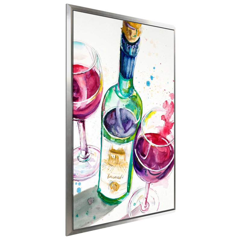 «Red and White Wine I», reproduction de peinture à l'aquarelle, H 33,5 po x l 21,5 po x P 2 po, Cadre flottant argent