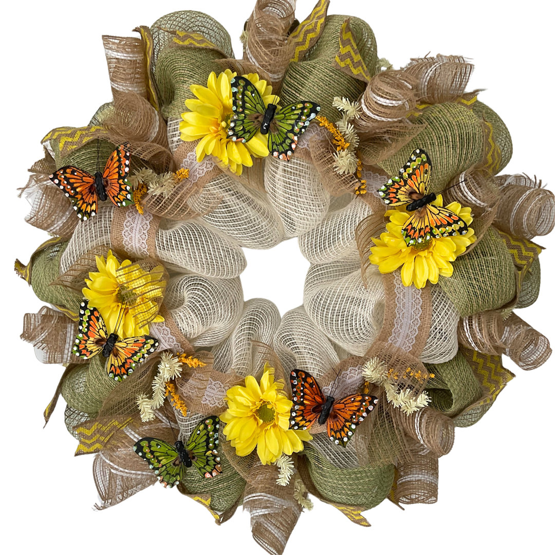 Butterflies Floral Spring Wreath 24 inches Indoor/Outdoor Handmade Deco Mesh August Grove®