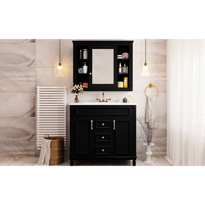 Élégant meuble-lavabo de salle de bain 36 po, armoire à miroir noire avec lavabo, 2 portes et tiroirs, décoration élégante et élégante