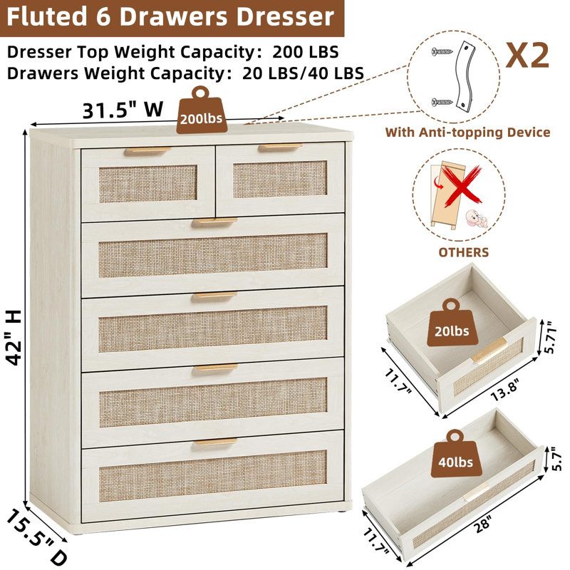 Ensemble de 3 meubles de chambre bohèmes en bois, comprenant une commode à 6 tiroirs et une table de chevet à 1 tiroir avec station de recharge, en rotin.