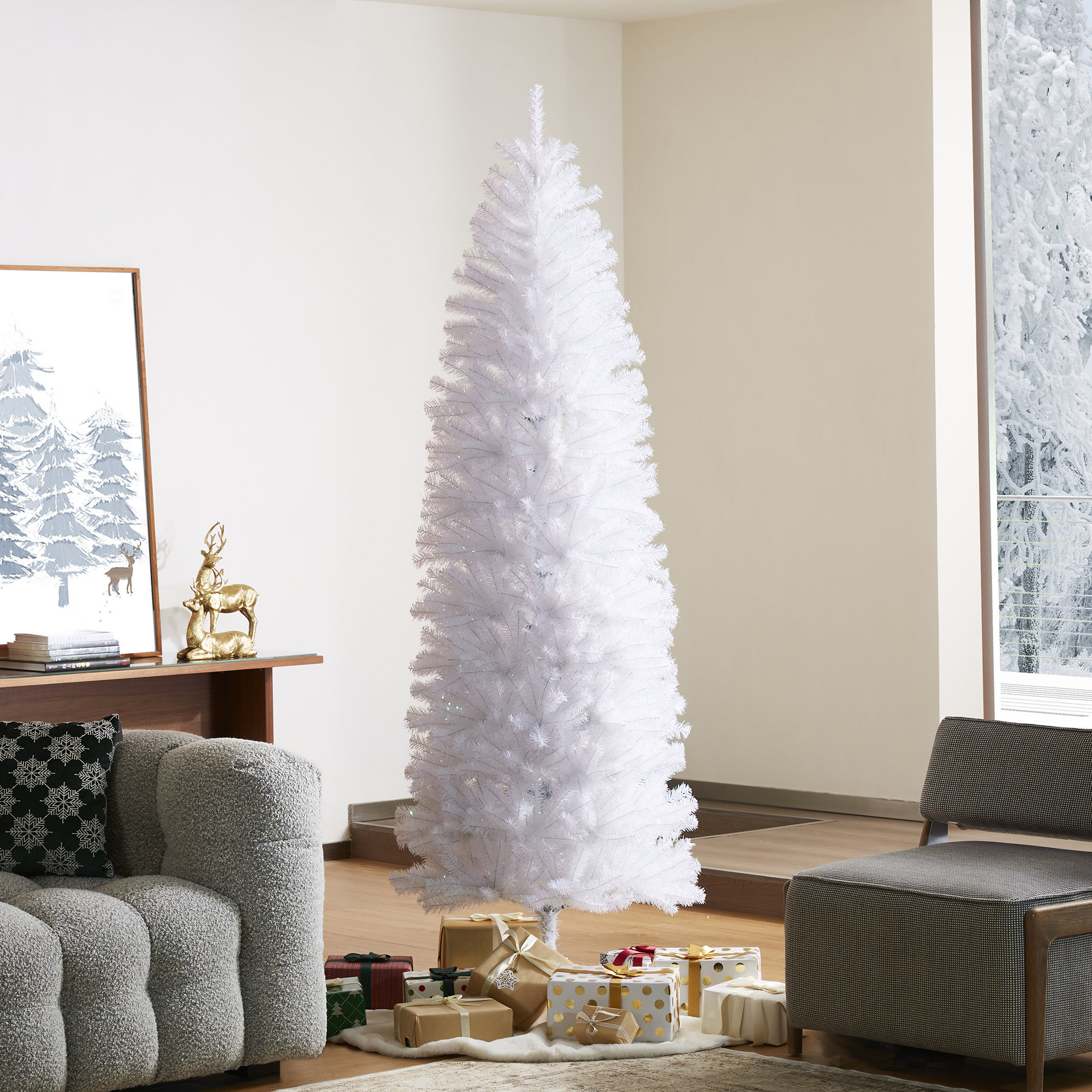 White Pencil Tinsel Artificial Christmas Tree, 7.5ft