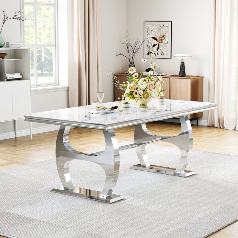 69" Faux Marble Dining Set Of 7, Stainless Steel H-Frame Table & Velvet Tufted Seating With Ring Pulls, Silver, White/Silver