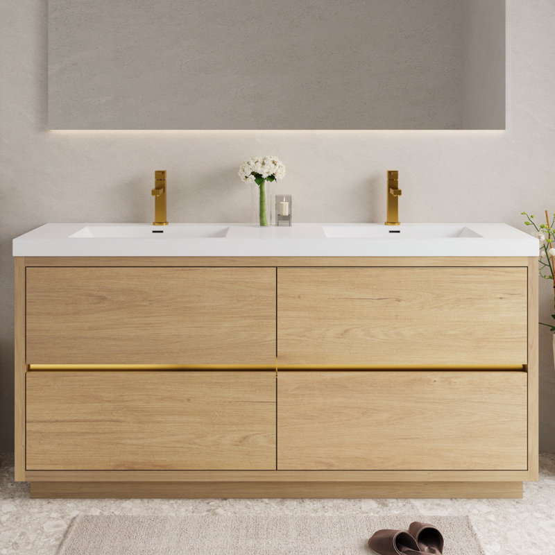 72" Freestanding Double Bathroom Vanity Modern Style Vanity with Integrated Solid Surface Countertop and 2 Sinks, 4 Soft Close Drawers