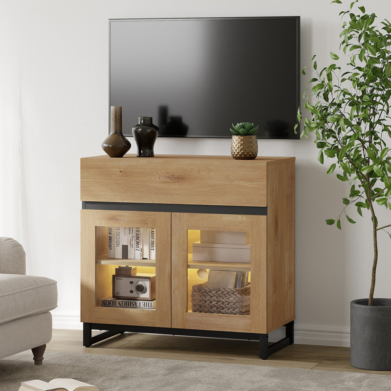 Modern TV Stand With Glass Doors For 40 Inch Tvs, Entertainment Center Console With Drawer And Metal Base For Living Room, Bedroom