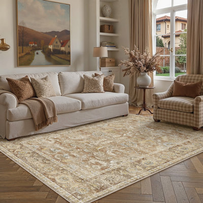 Vintage Distressed Oriental Washable Area Rug With Non-Slip Backing