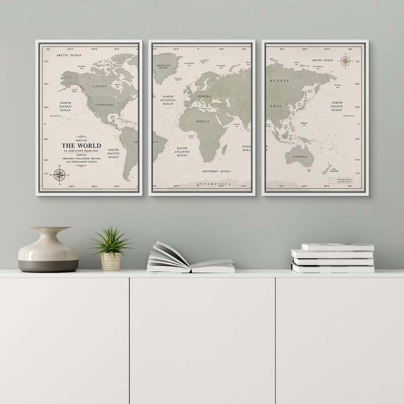 «Classic Classic World Map Triptych», reproduction d'art sur toile encadrée 3 pièces, 36" H x 24" W x 1.5" D, White