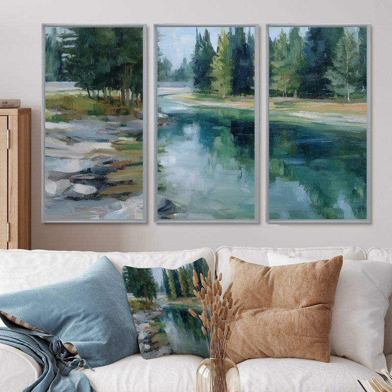 «Pine Trees», Fraser River, Argent argent, Reproduction avec cadre flottant, H 32 po x l 48 po