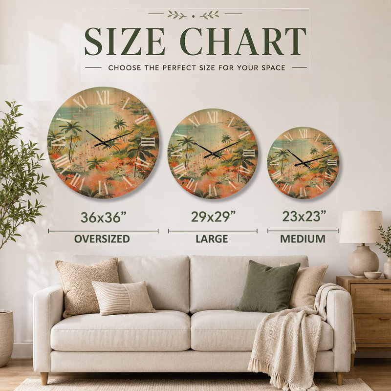Très grande horloge murale océan - scène de plage côtière de couleur pastel Paradise III, imprimée sur bois, Oversized