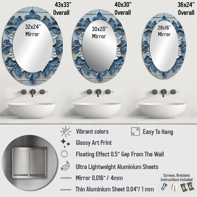 Décoration marocaine en miroir blanc et bleu - miroir ovale blanc, 36 po x 24 po