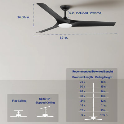Gossamer 52'' Indoor Ceiling Fan with Light and Remote, Ceiling Fan with LED Light Kit, Modern 3-Blade Design, Quiet 6-Speed DC Motor - Matte Black