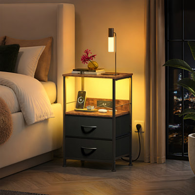 Gwytha Farmhouse Nightstands with Charging Station and LED Lights, Bedside Tables With 2 Drawers and Open Shelf, USB Ports And Outlets