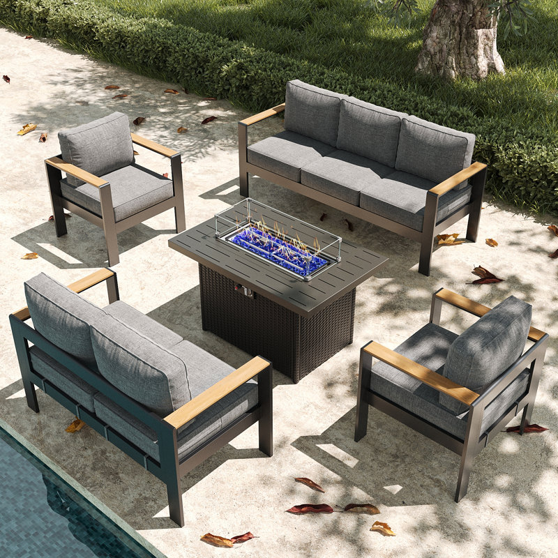 5 Pieces Outdoor Aluminum Furniture Set With Fire Pit Table For Outside Patio, Modern Patio Conversation Chat Set, Gray