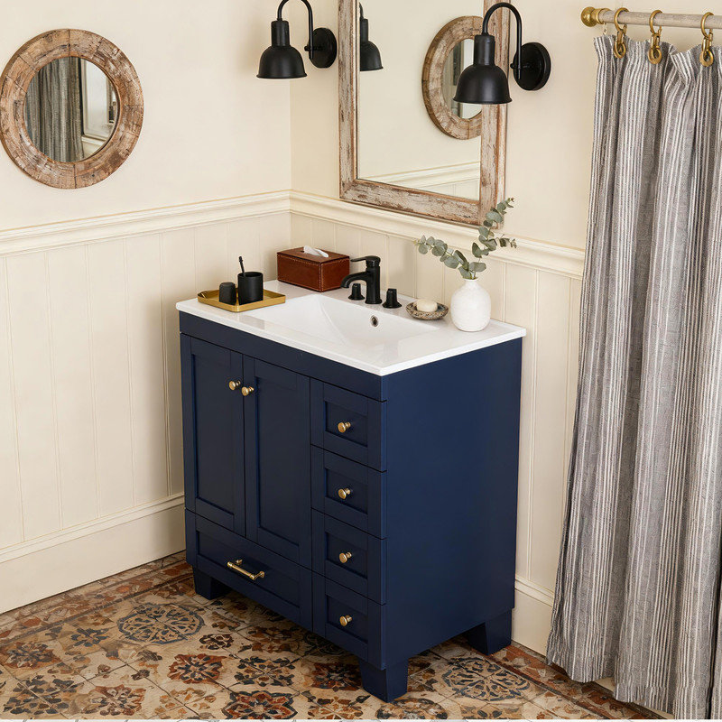 Meuble-lavabo simple 30 po avec comptoir en céramique, Bleu