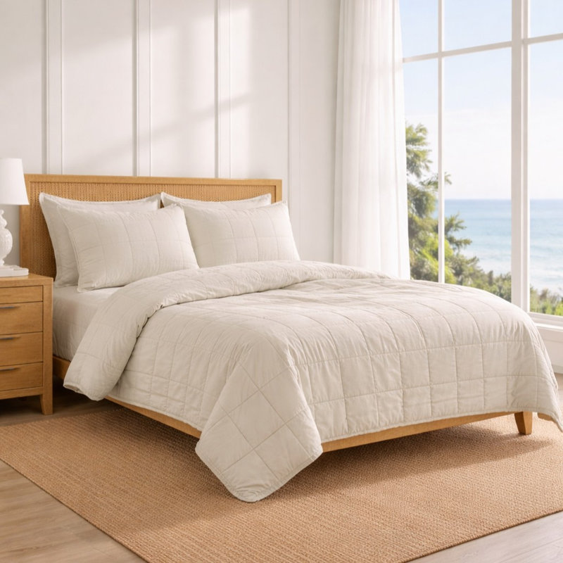 Cotton Canvas Twin Coverlet Set , Bone