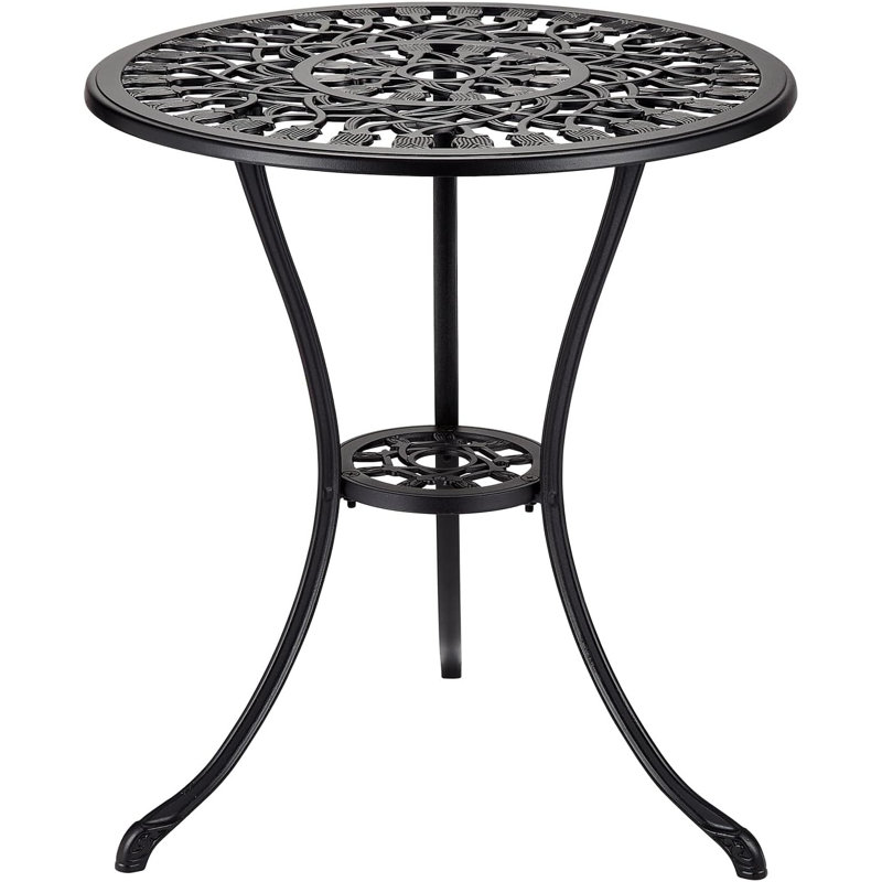 23.6 Inch Round Cast Aluminum Patio Bistro Table with Umbrella Hole, Antique Design Outdoor Coffee Side Table, Durable and Weather-Resistant, Perfect for Backyard, Garden, Porch, Pool, Balcony, Black