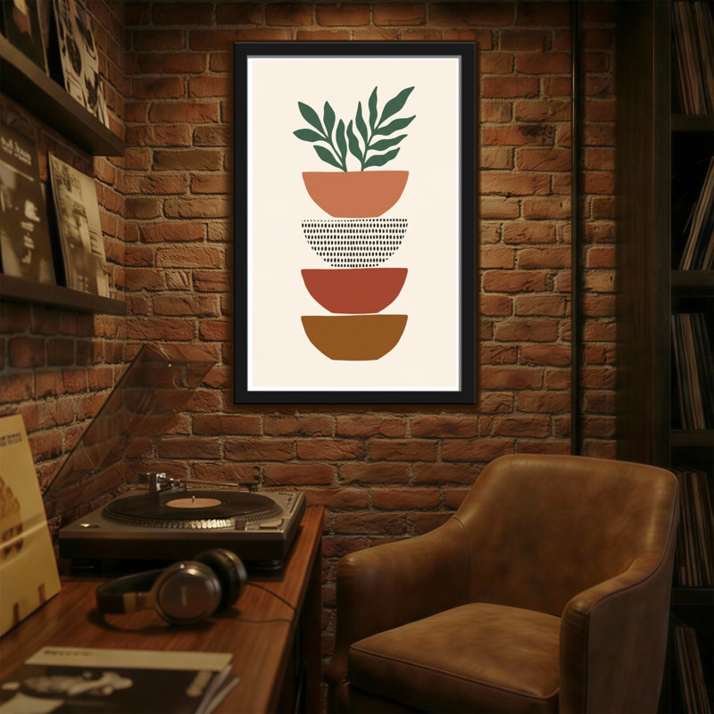 Pots abstraits empilés avec motif de plantes vertes, H 20 po x l 30 po