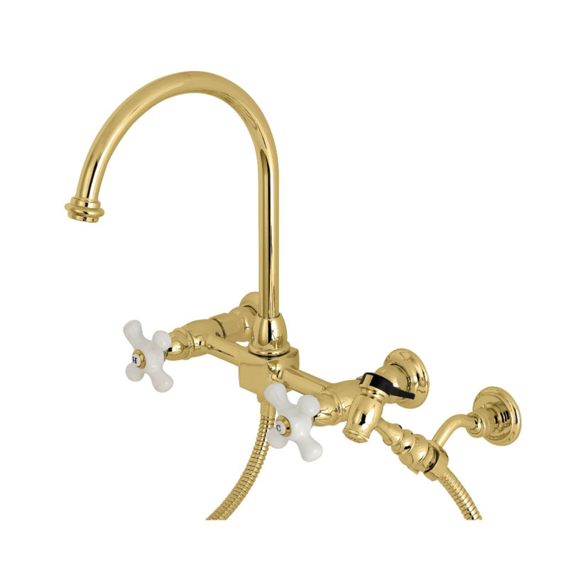 Kingston Brass Restoration Double-Handle 3-Hole Wall-Mount Bridge Kitchen Faucet with Brass Sprayer, Polished Brass/White