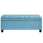Banc de rangement rembourré avec boutons en lin bleu et support en bois pour une structure robuste-131300920