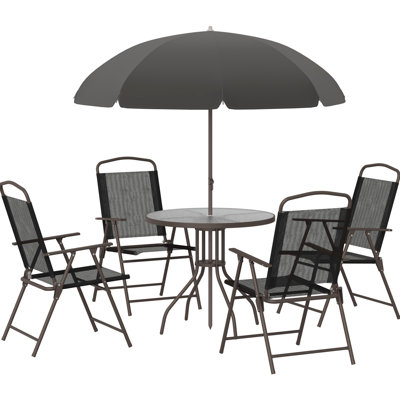 Black 6 Piece Patio Dining For 4. Outdoor Table & Chairs With Umbrella. Folding Breathable Interior. Round Glass Garden, Backyard, Pool. Stain-. 19.9"w X 25.86"d 36.41"h. 31.5" . 27.25"h Table. 67"