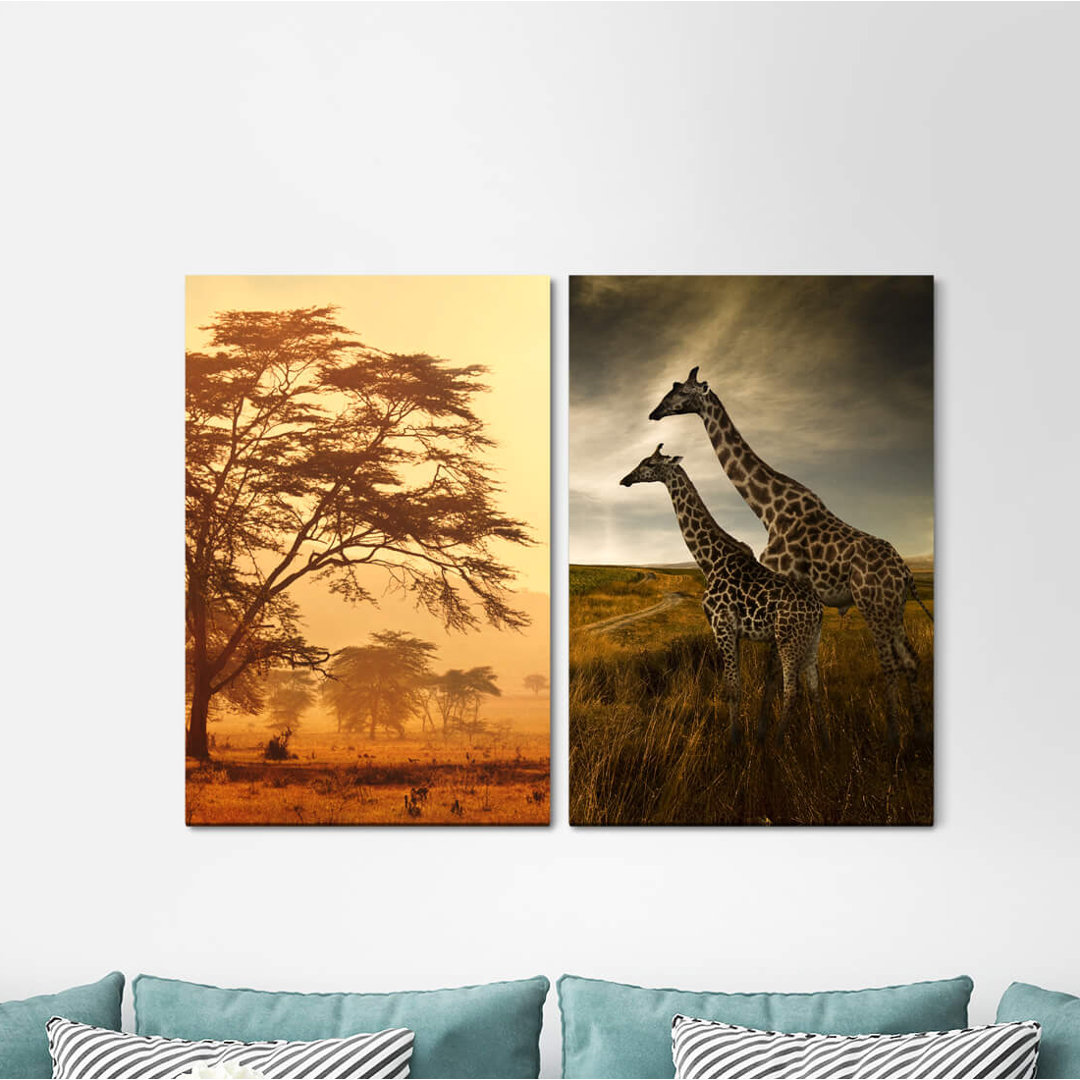 2-tlg. Leinwandbilder-Set - Grafikdruck „Africa Wilderness Giraffes Safari Burkea Tree Couple”