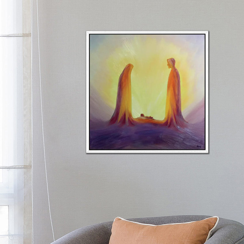 Mary and Joseph Look with Faith on the Child Jesus at His Nativity, 1995 1 Piece Painting on Canvas, White Framed