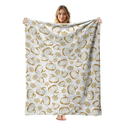 Plaid en flanelle polaire Jyk, léger, respirant, doux, chaud et confortable, en microfibre pelucheuse, 76 x 102 cm, motif citrouilles et feuilles
