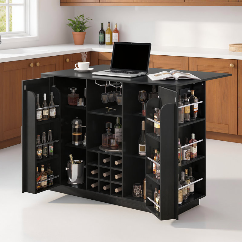 47.4-Inch U-Shaped Bar Table, Folding Tabletop With Power Outlet, Double-Door Storage Cabinet, Built-In Wine Rack, Multi-Purpose For Dining Room Use, Black.