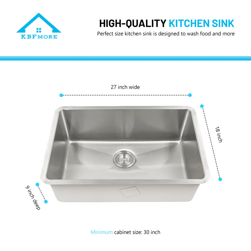 KBFmore Double Bowl Tight Radius Stainless Steel Kitchen Sink Only, 18-Gauge, 9" H x 27" W x 9" D