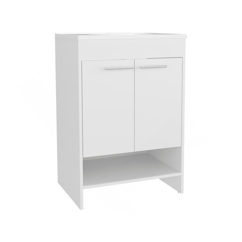 Meuble-lavabo de salle de bain avec lavabo, 2 portes, 2 tablettes, blanc, Blanc