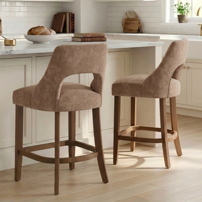 Set of 2, Mid-Century Modern Upholstered Counter Height Bar Stools, 26" Seat Height, Curved Back and Solid Wood Legs (Taupe)