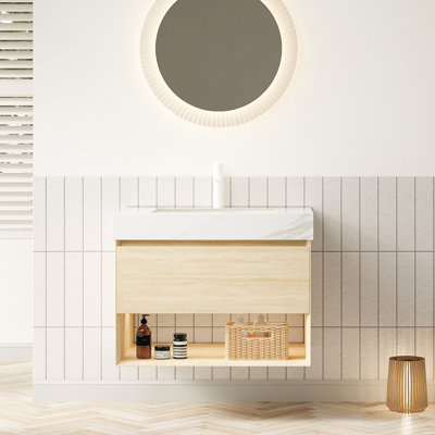 Meuble-lavabo flottant de 30 po avec lavabo en céramique, armoire de rangement en contreplaqué, rangement de tiroir et de tablette, DEL à détection automatique, tablette supérieure en pierre frittée dorée, capteur à DEL, cuve incrustée, surface