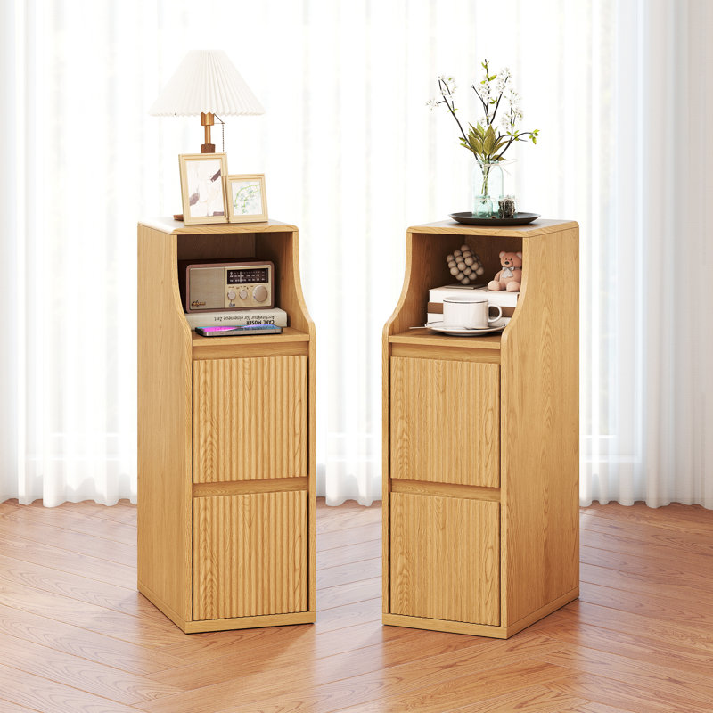 27"tall Fluted End Table Set With 2 Drawers, Mid-century Modern Narrow End Table(set Of 2), Wood