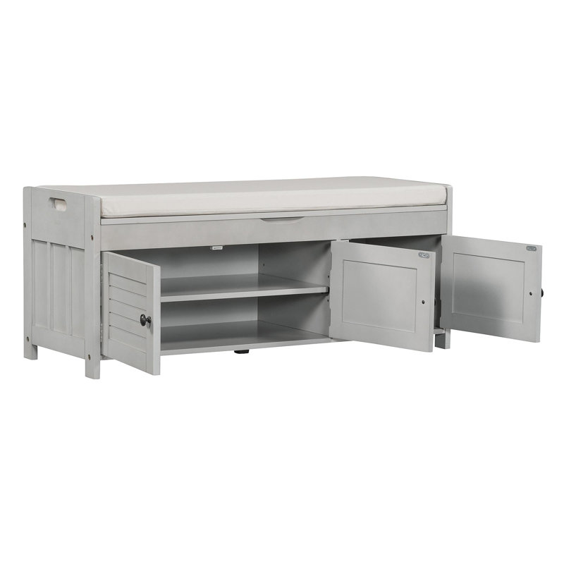 Banc de rangement avec 3 portes en forme de volet, banc à chaussures avec coussin amovible et espace de rangement caché (gris délavé, ancien SKU: WF284226AAE)