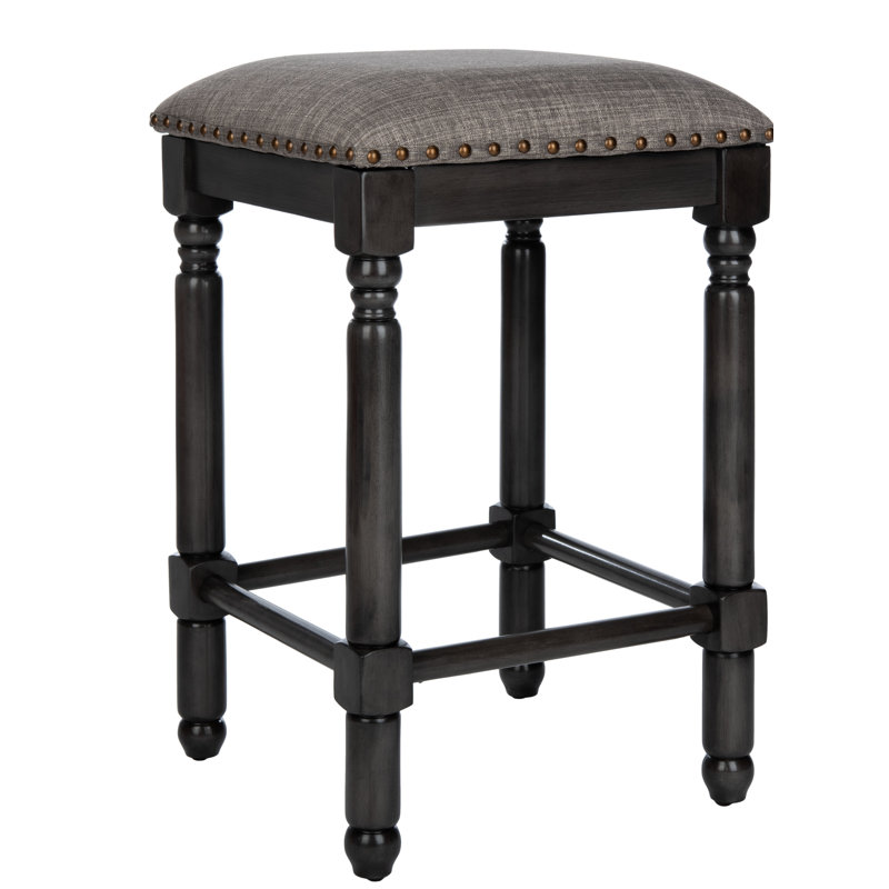 Hertzog Upholstered Faux Leather Counter Stool with Solid Wood Frame, Gray, Linen