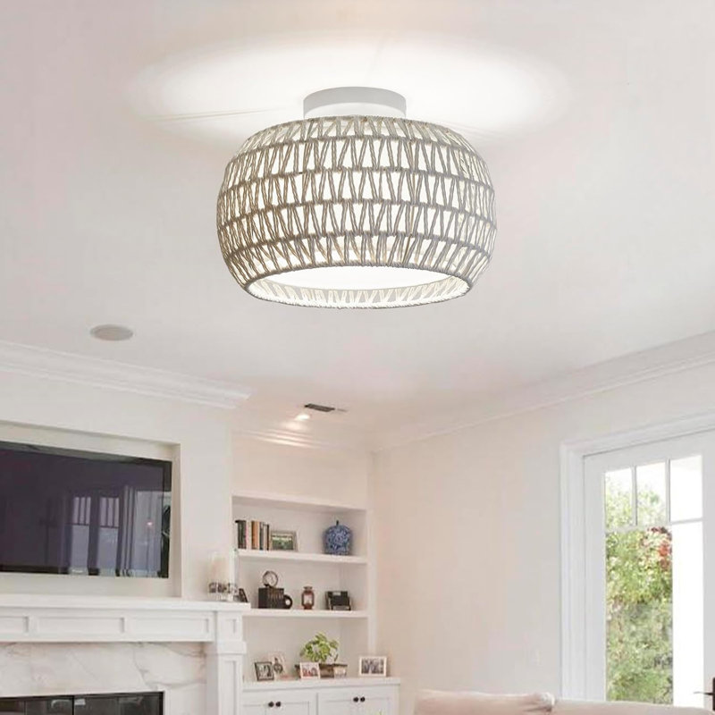 Handmade Rattan Flush Mount Ceiling Light With Fabric Shade, Boho Farmhouse Light Fixture For Bedroom Hallway, White