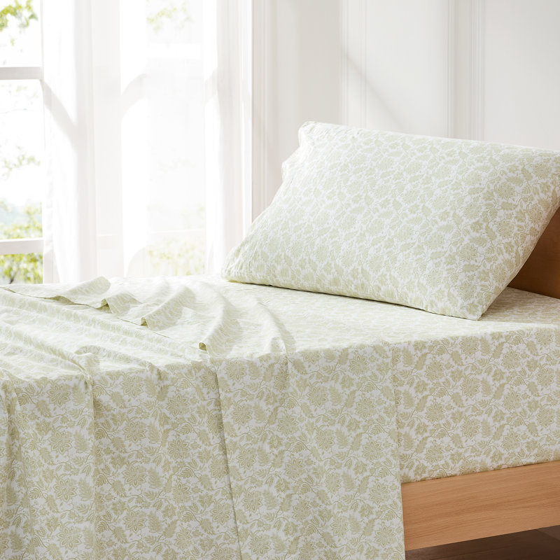 Floral Jacobean Cotton Sheet Set Sage, Twin Sheet Set with 1 Pilowcase