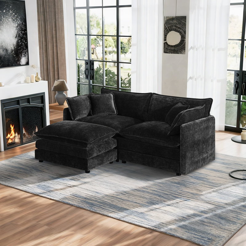 Canapé-lit modulaire en forme de L avec 1 repose-pieds Comfy, Chenille noir