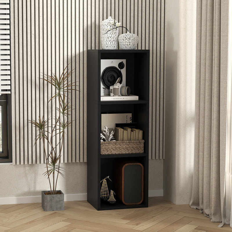 Narielle 11.8"W Narrow Bookcase, Black, (3 Shelves) 35.8"H x 11.8"W x 9.3"D