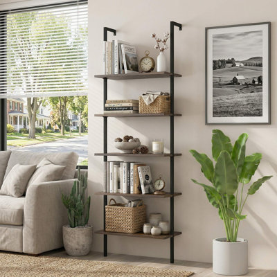 5-Tier Wall-Mounted Ladder Bookshelf, Reinforced Rust-Resistant Steel Frame & Complete Sturdy Mounting Hardware, Fits Living Room, Balcony, Entryway