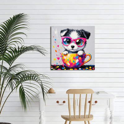 Chiot dans une tasse à thé colorée, art mural en bois encastré, 16 L x 16 l