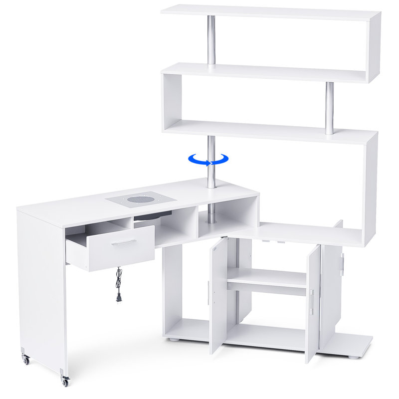 Grunewald Manicure Table L-Shaped Nail Desk with 1 Stool, Dust Collector, Two-Way Drawer, Cabinet & Storage Shelves, Rotating Reversible Manicure Workstation on Wheels