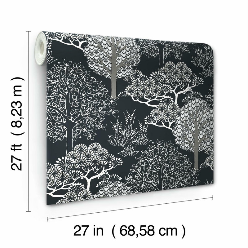 Rouleau de papier peint L 27 pi x l 27 po Kimono Trees, Noir / argent