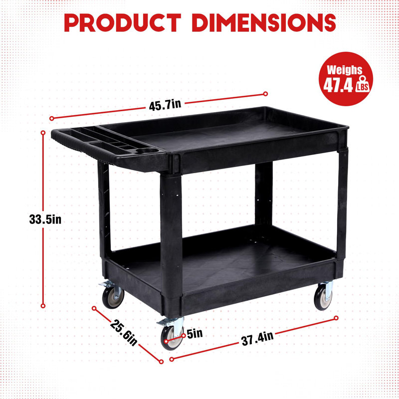 Chariot utilitaire robuste avec 2 grandes tablettes rabattables, poignée de rangement ergonomique, Gray