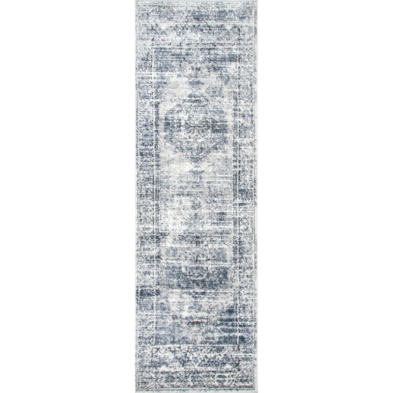Eugenio Barbed Iris Medallion Blue/Gray Rug, Runner 2' x 8'