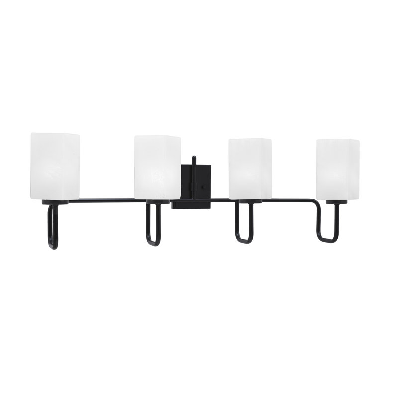 Barre d'éclairage de salle de bain 4 lumières Amarmula, finition noir mat, verre carré blanc de 3,5 po, Noir, Blanc