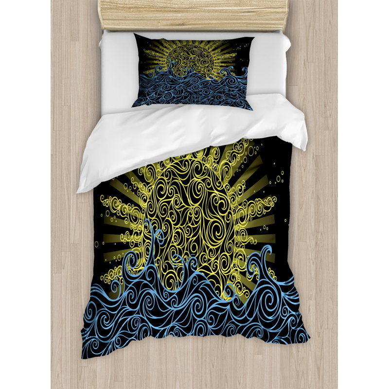 Eclectic Polyester Duvet Cover, Twin Duvet Cover + 1 Standard Sham, Wavy Ocean Summer Sky