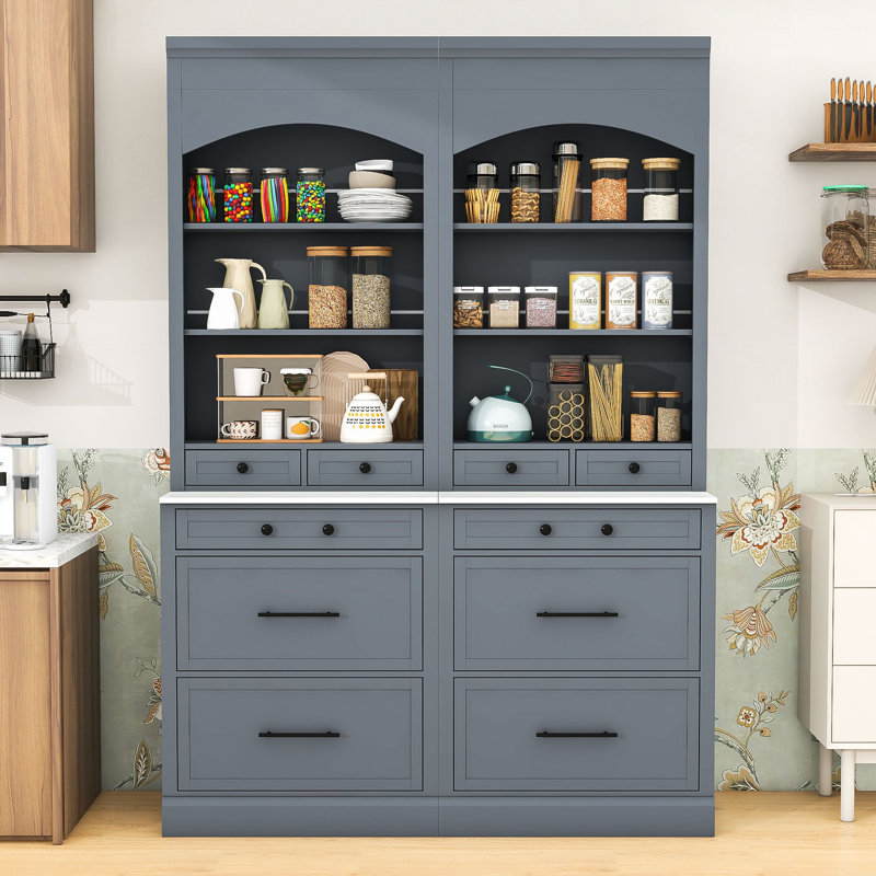 Garde-manger de 2 pièces avec plateau en faux marbre, tablettes réglables et tiroirs spacieux, Gris, Noir