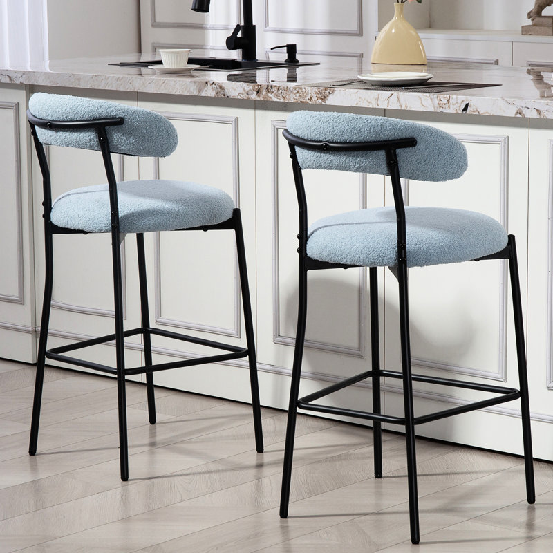 Tabouret de bar confortable à hauteur de comptoir en tissu avec base thermolaquée noire et repose-pieds pour îlots de cuisine et bars