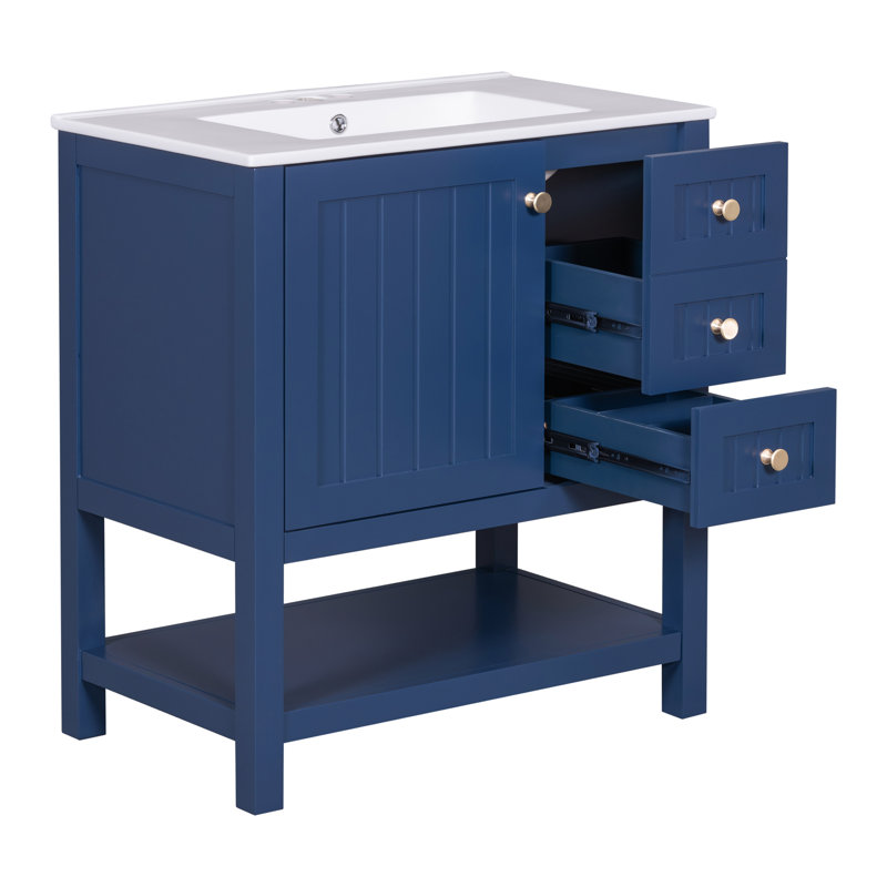 Meuble-lavabo de style transitionnel 30 po avec lavabo en céramique, Bleu